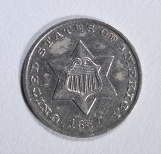 1851 TYPE-1 THREE CENT SILVER, AU