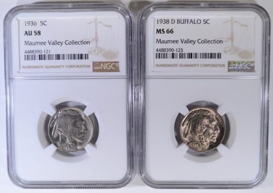 NGC GRADED BUFFALO NICKELS 1936 AU-58 & 38-D MS-66