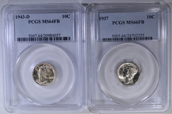 PCGS MERCURY DIMES 1937 MS-66 FB & 43-D MS-64 FB