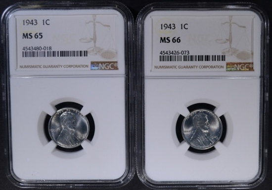 2 - 1943 STEEL CENT NGC MS65 & MS66