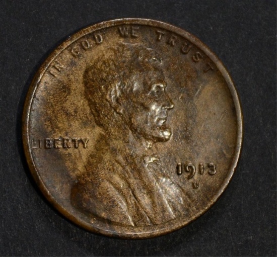 1913-D LINCOLN CENT, XF