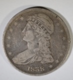 1838 REEDED EDGE HALF DOLLAR, VF+