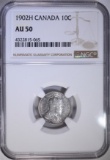 1902 H CANADIAN 10-CENT, NGC AU-50