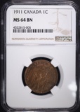 1911 CANADIAN LARGE CENT, NGC MS-64 BN
