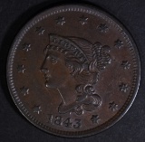 1843 LARGE CENT  AU+