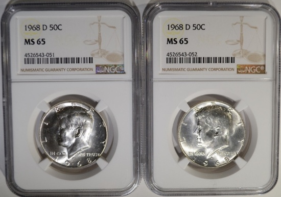 2-1968-D KENNEDY HALF DOLLARS, NGC MS-65