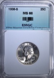 1938-S WASHINGTON QUARTER, EMGC SUPERB GEM BU