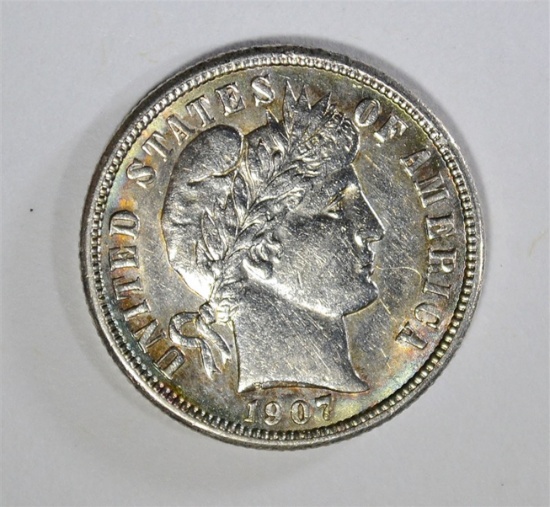 1907-S BARBER DIME, AU/UNC SCARCE