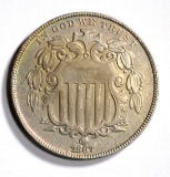 1867 WITH RAYS SHIELD NICKEL, AU