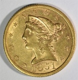 1851 $5 GOLD LIBERTY  BU