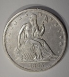 1865-S SEATED HALF DOLLAR, AU RARE CIVIL WAR DATE