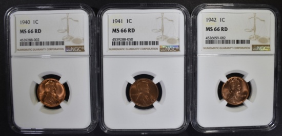 1940, 41, 42 LINCOLN CENTS NGC MS-66 RD