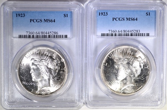 (2) 1923 PEACE SILVER DOLLARS, PCGS MS-64