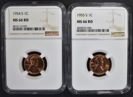 1954-S & 55-S LINCOLN CENTS NGC MS-66 RD