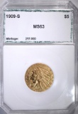 1909-S $5.00 INDIAN HEAD GOLD, PCI CH BU RARE!