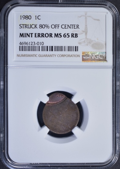 1980 MINT ERROR LINCOLN CENT, NGC MS-65 RB