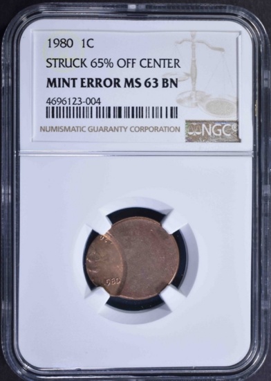 1980 MINT ERROR LINCOLN CENT, NGC MS-63 BN