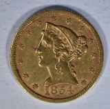1854 $5.00 GOLD LIBERTY  AU+