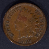 1908-S INDIAN CENT, ABOUT XF KEY COIN