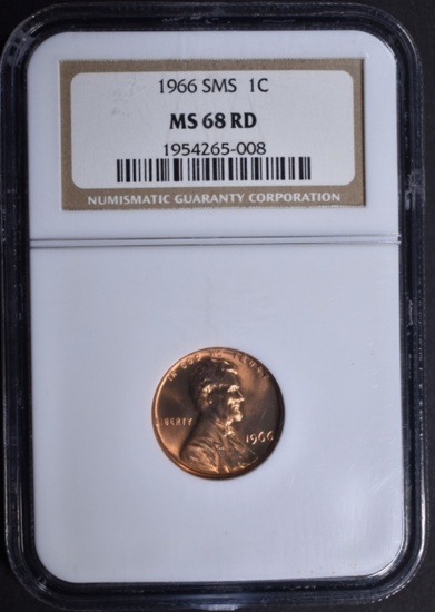 1966 SMS LINCOLN CENT, NGC MS-68 RED