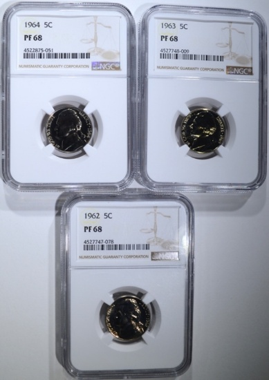 1962, 63 & 64 JEFFERSON NICKELS, NGC PF-68