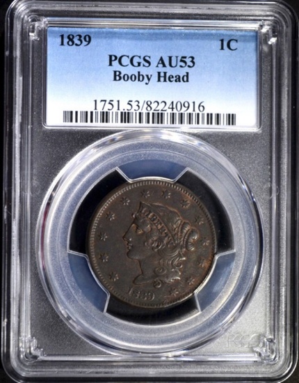 1839 BOOBY HEAD LARGE CENT PCGS AU-53