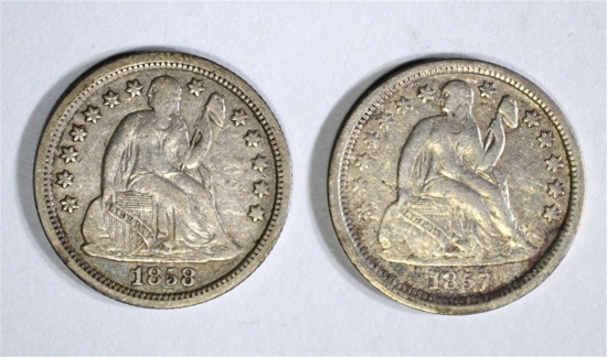 1857 & 58 SEATED DIMES, XF