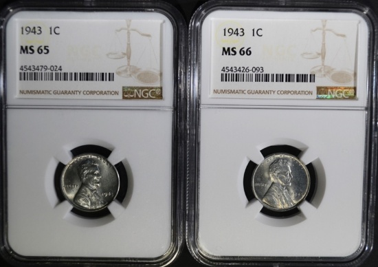 2 - 1943 STEEL CENTS NGC MS65 & MS66