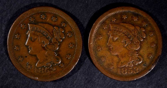 1852 & 53 LARGE CENTS, VF NICE