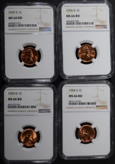 1954-D,S, & 55-D,S LINCOLN CENTS NGC MS-66 RD