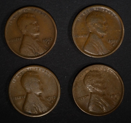 4 - 1913-S LINCOLN CENTS GOOD, 2-FINE,