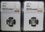 2 - 1943 STEEL CENTS NGC MS65 & MS66