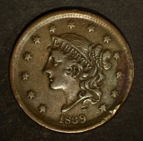 1839 LARGE CENT, VF/XF