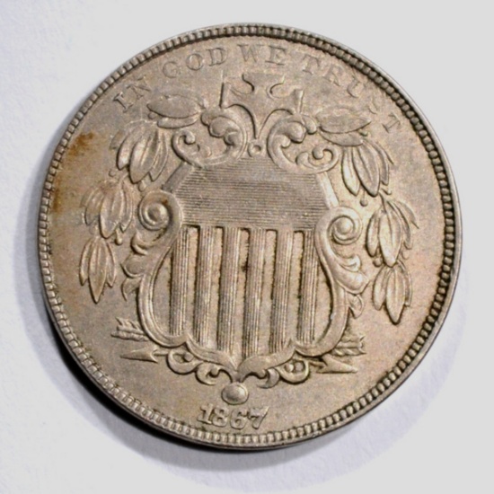 1867 No RAYS SHIELD NICKEL AU