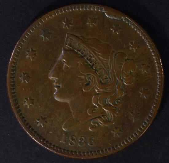 1836 LARGE CENT, rim cud, XF