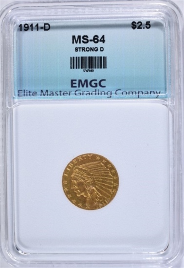 1911-D STRONG D $2.50 GOLD INDIAN, EMGC CH/GEM BU