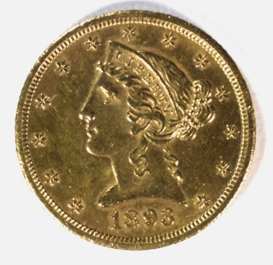 1893-CC $5.00 GOLD LIBERTY, GEM BU