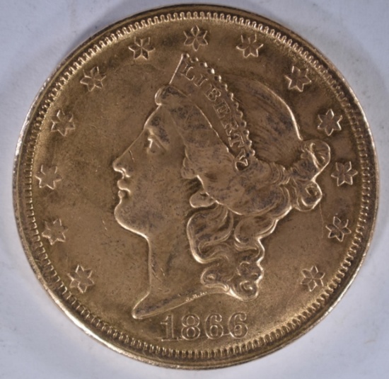 1866-S $20.00 GOLD LIBERTY, CH AU -TOUGH DATE!