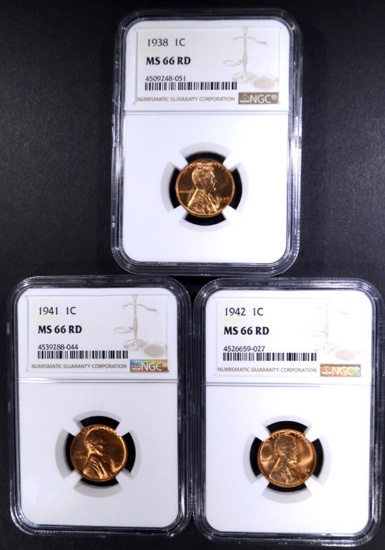 1938, 41, 42 LINCOLN CENTS NGC MS-66 RD