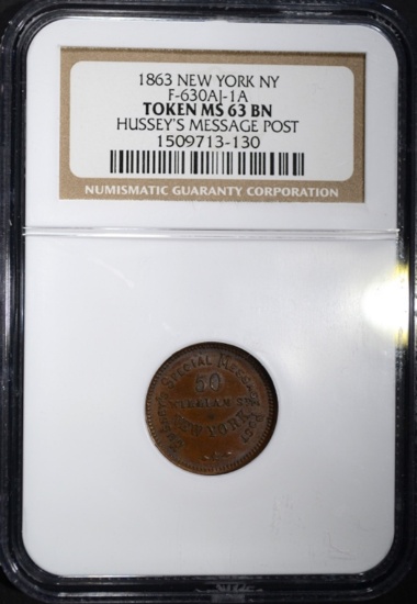 1863 CIVIL WAR TOKEN, NEW YORK NGC MS-63 BN