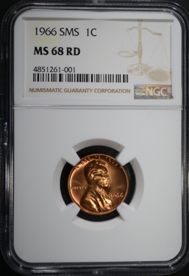 1966 SMS LINCOLN CENT, NGC MS-68 RD