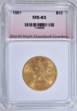 1901 $10.00 GOLD LIBERTY, WHSG CH BU