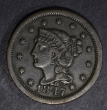 1847 LARGE CENT, XF