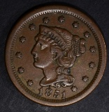 1851 LARGE CENT, XF