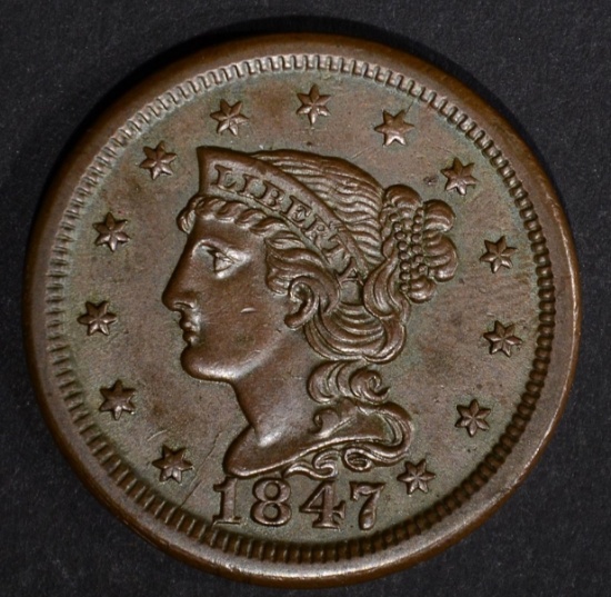 1847 LARGE CENT, N-22 AU SCARCE VARIETY