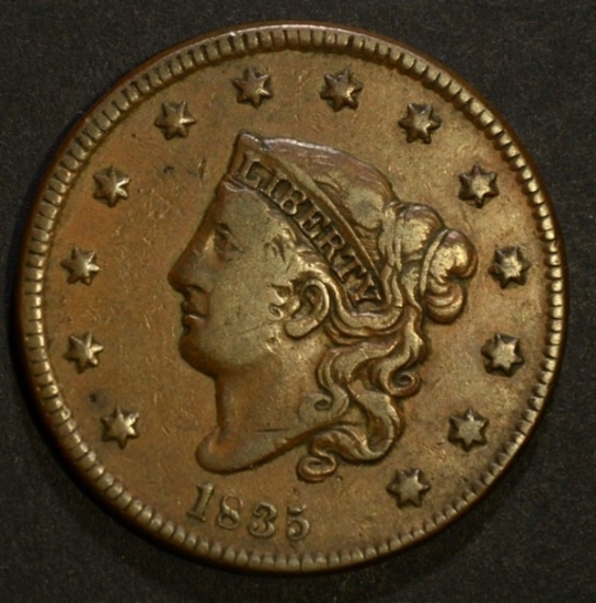 1835 LARGE CENT SMALL “8” STARS VF/XF KEY