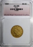 1834 $5.00 GOLD, PLAIN 4 WHSG AU/BU