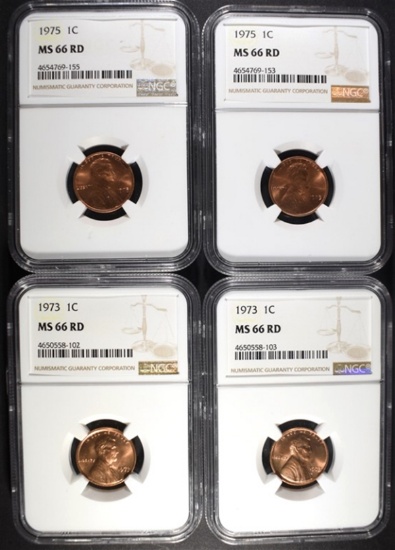 2-1973 & 2-75 LINCOLN CENTS, NGC MS-66 RED