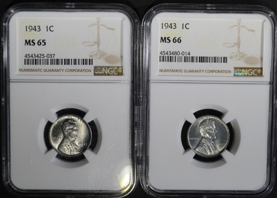 2 - 1943 STEEL CENTS NGC MS65 & MS66