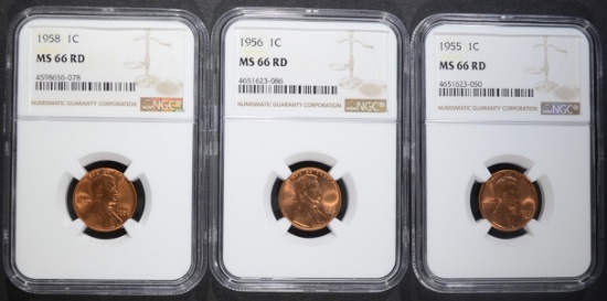 1955, 56, 58 LINCOLN CENTS NGC MS-66 RD